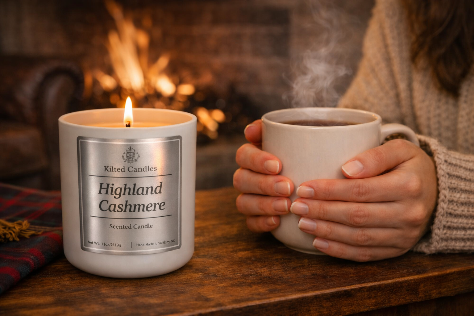 Highland Cashmere Candle Closeup with Flame