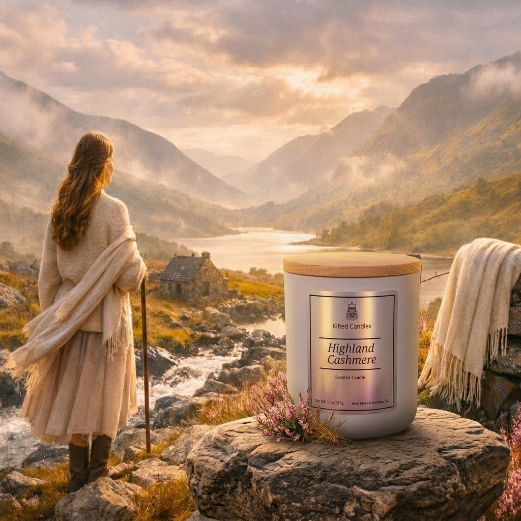 Highland Cashmere lifestyle backdrop showing soft cashmere wrap and misty valley