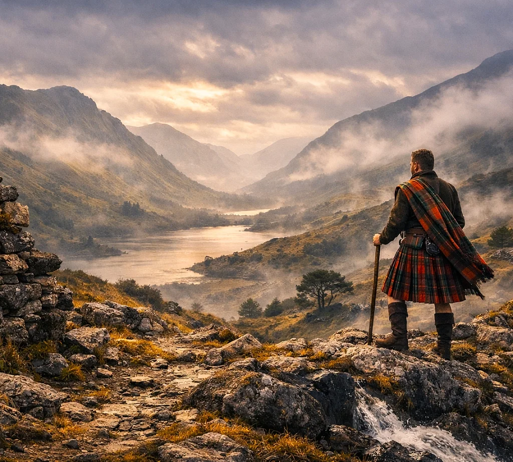 Noble Scotsman overlooking misty Scottish Highlands