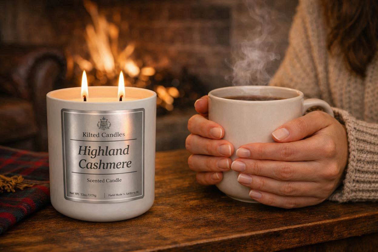 Highland Cashmere Candle Closeup with Flame